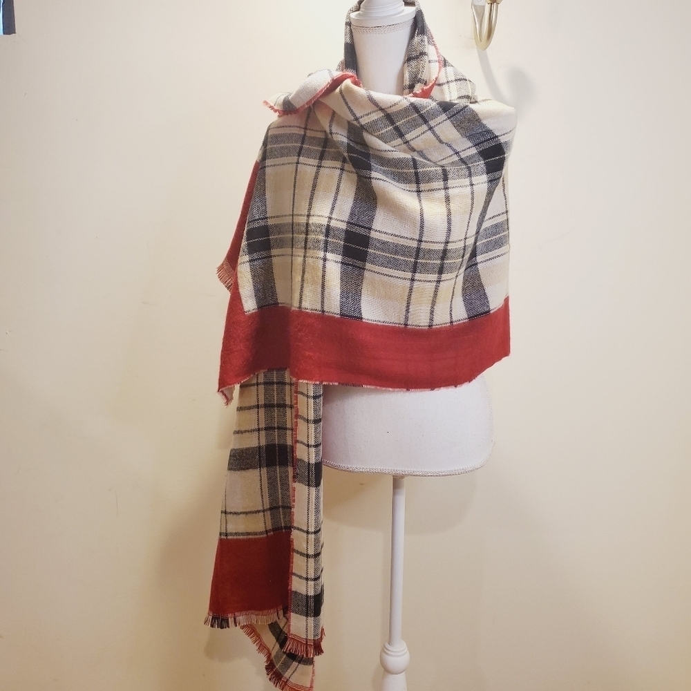 CARLOTTE DANIEL women's  large red plaid reversible Scarf - Picture 5 of 8
